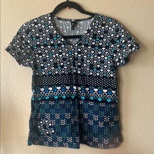 Barco Uniforms Black and Blue Heart Patterned Short Sleeve Scrub Top